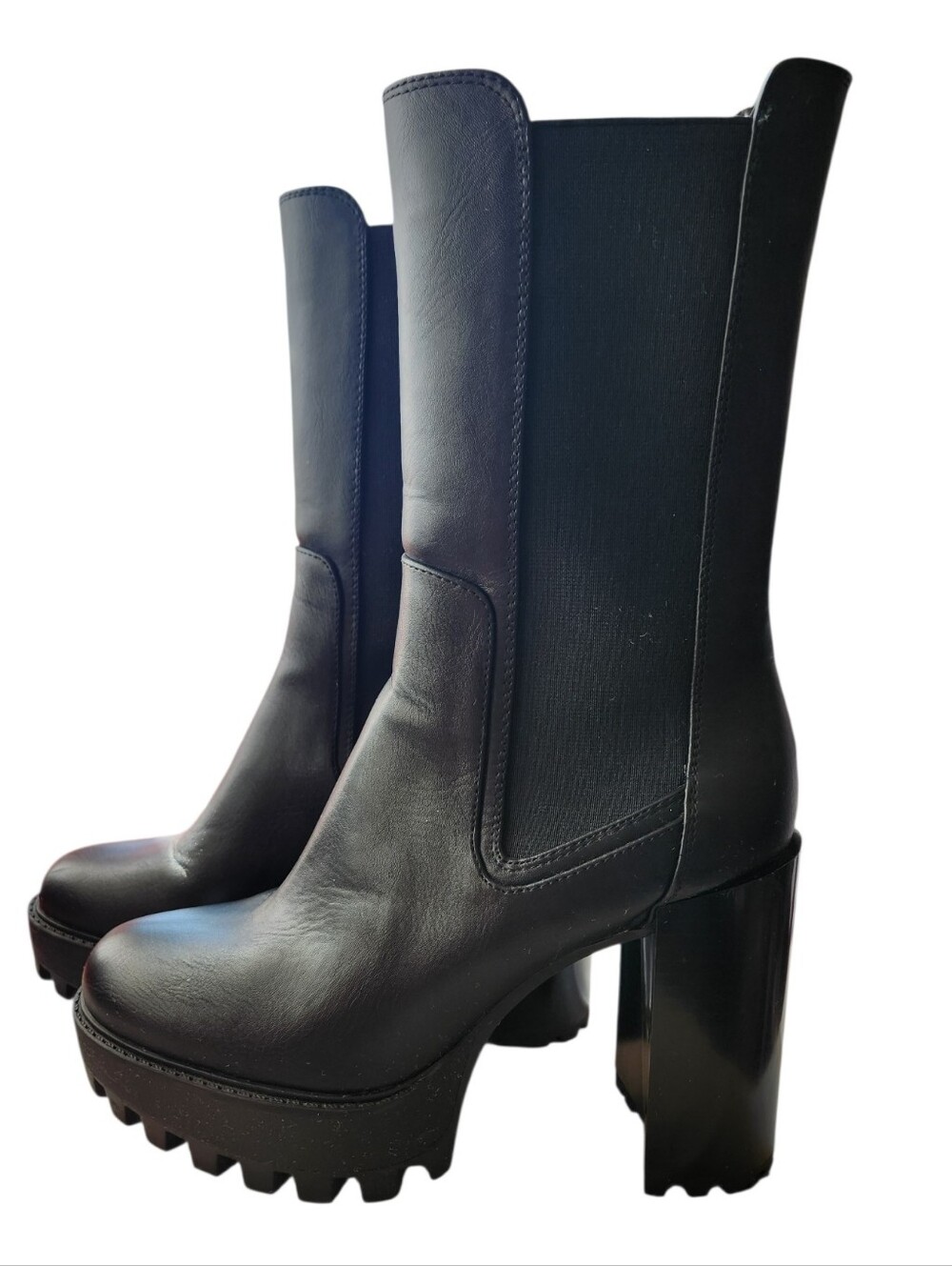Bershka Black High Heel Platform Boots Stretchy Panels Size 38 Chelsea Ankle Lug